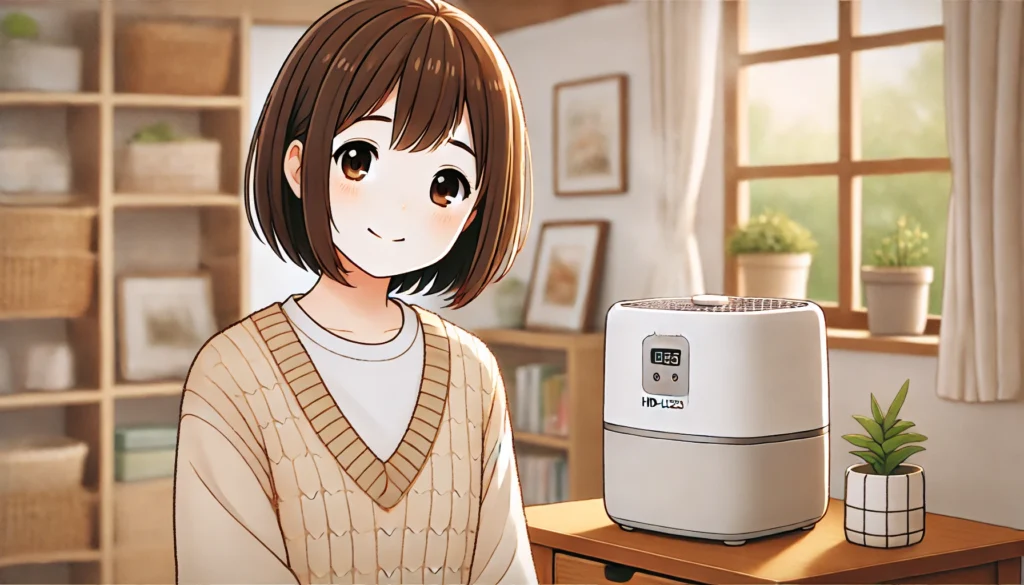 部屋の加湿器のそばにいる女の子