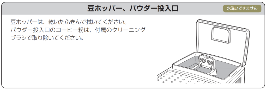 豆ホッパー、パウダー投入口の清掃